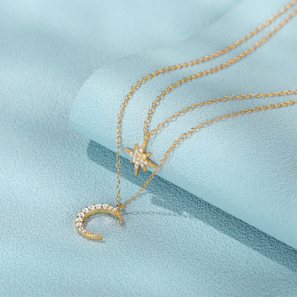 Double Layered Star and Moon Pendant Necklace - Symons