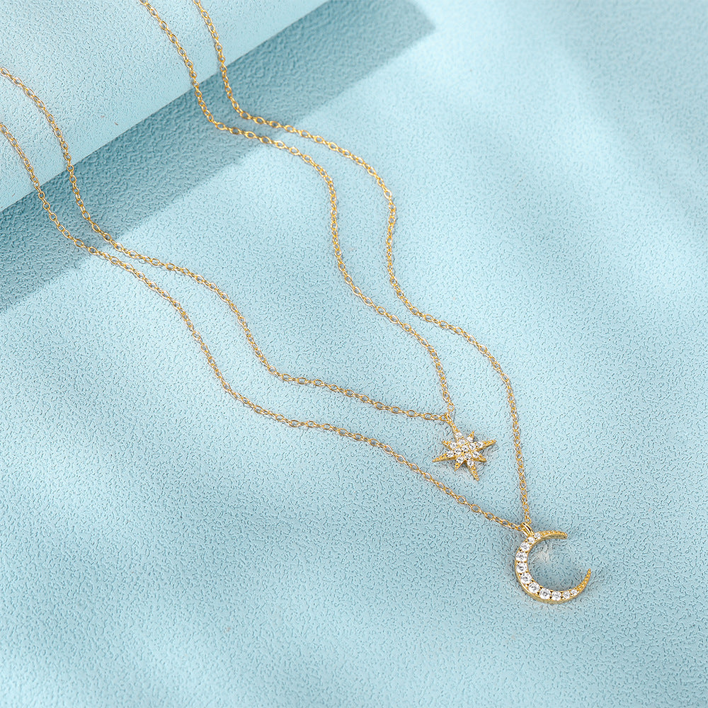 Double Layered Star and Moon Pendant Necklace - Symons