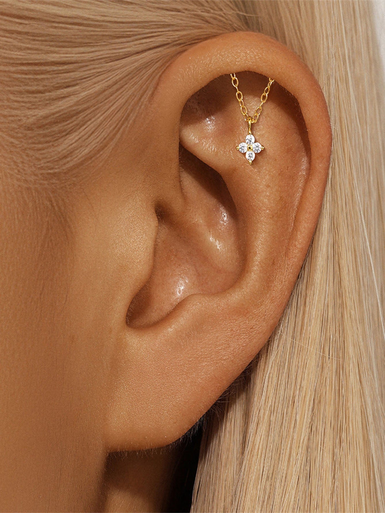 Flat Back Piercing Earring with Tassel Chain and Cubic Zirconia - Hille