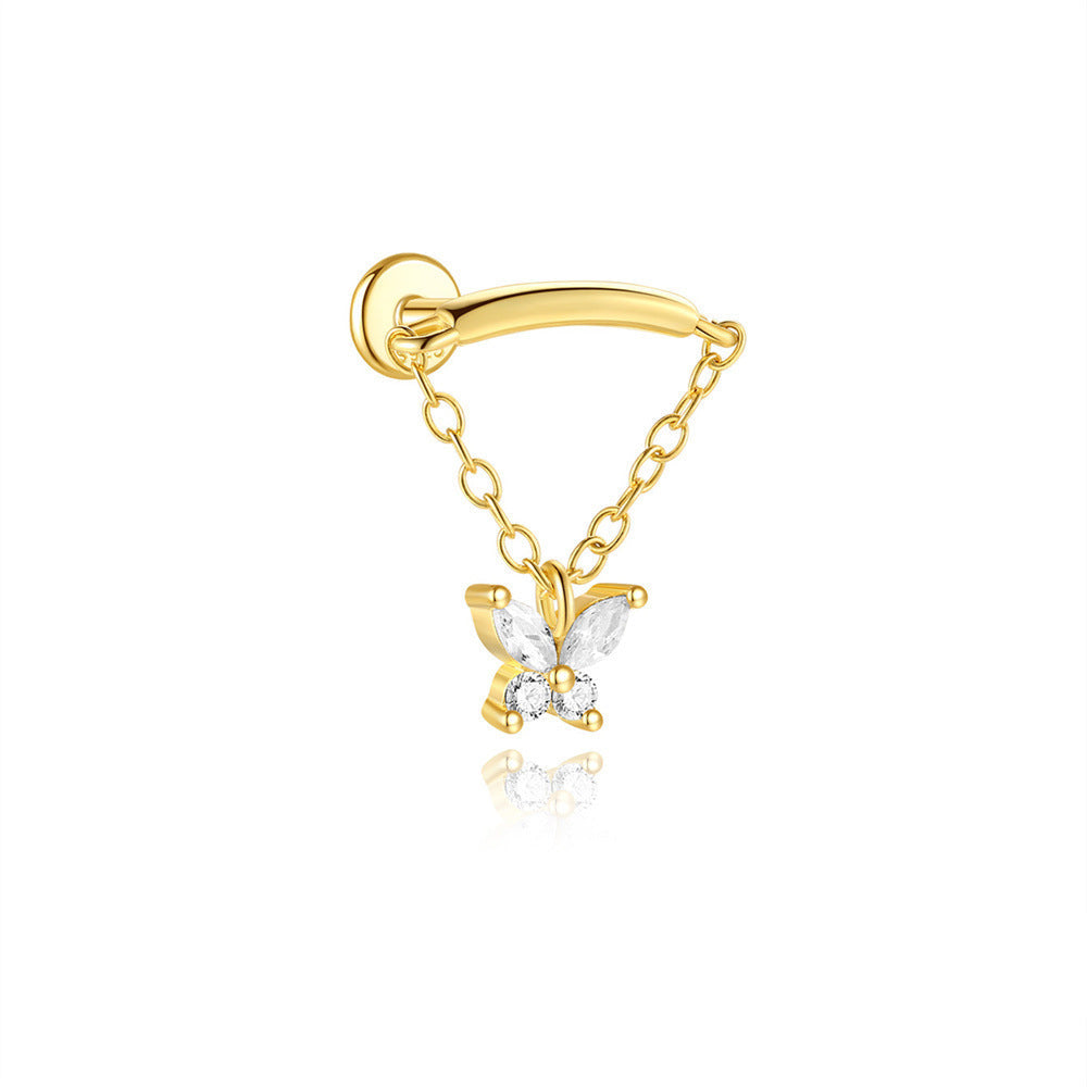 Flat Back Piercing Earring with Tassel Chain and Cubic Zirconia - Hille