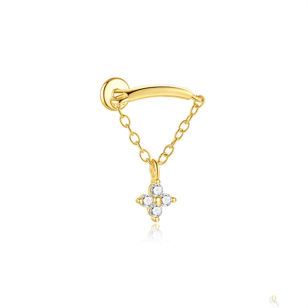 Flat Back Piercing Earring with Tassel Chain and Cubic Zirconia - Hille