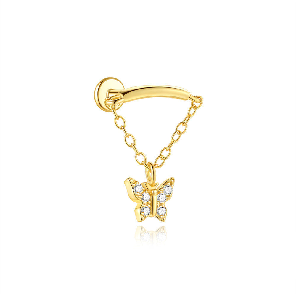 Flat Back Piercing Earring with Tassel Chain and Cubic Zirconia - Hille