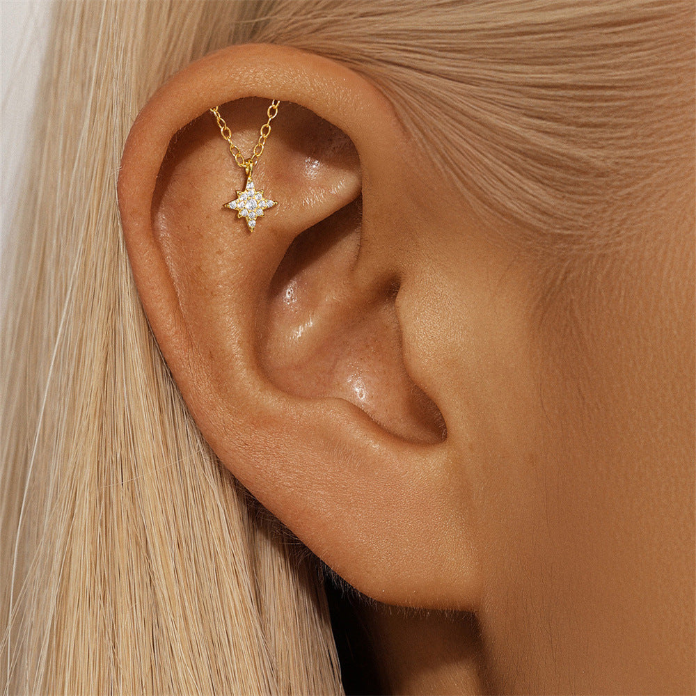 Flat Back Piercing Earring with Tassel Chain and Cubic Zirconia - Hille