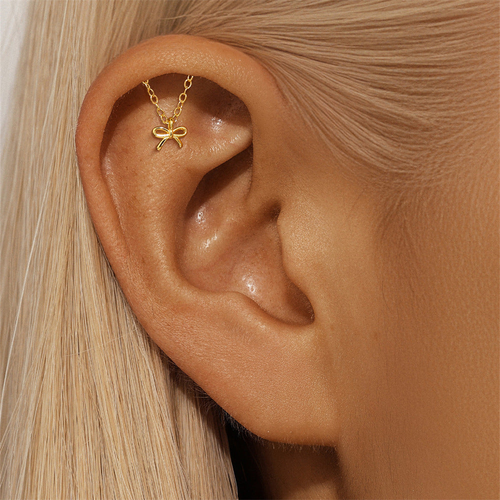 Flat Back Piercing Earring with Tassel Chain and Cubic Zirconia - Hille