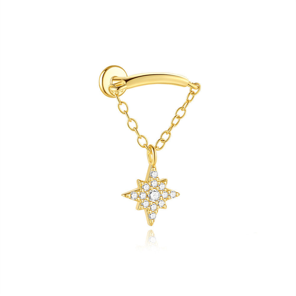 Flat Back Piercing Earring with Tassel Chain and Cubic Zirconia - Hille