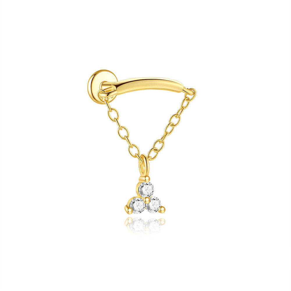 Flat Back Piercing Earring with Tassel Chain and Cubic Zirconia - Hille