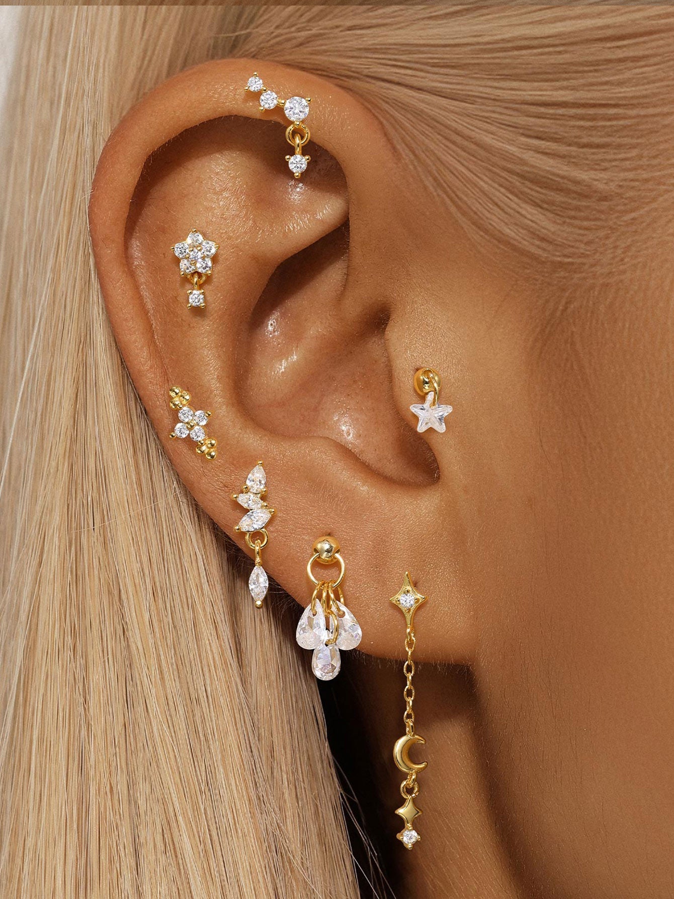 Waterproof Flower and Star Moon Stud Earrings with Cubic Zirconia - Zephora