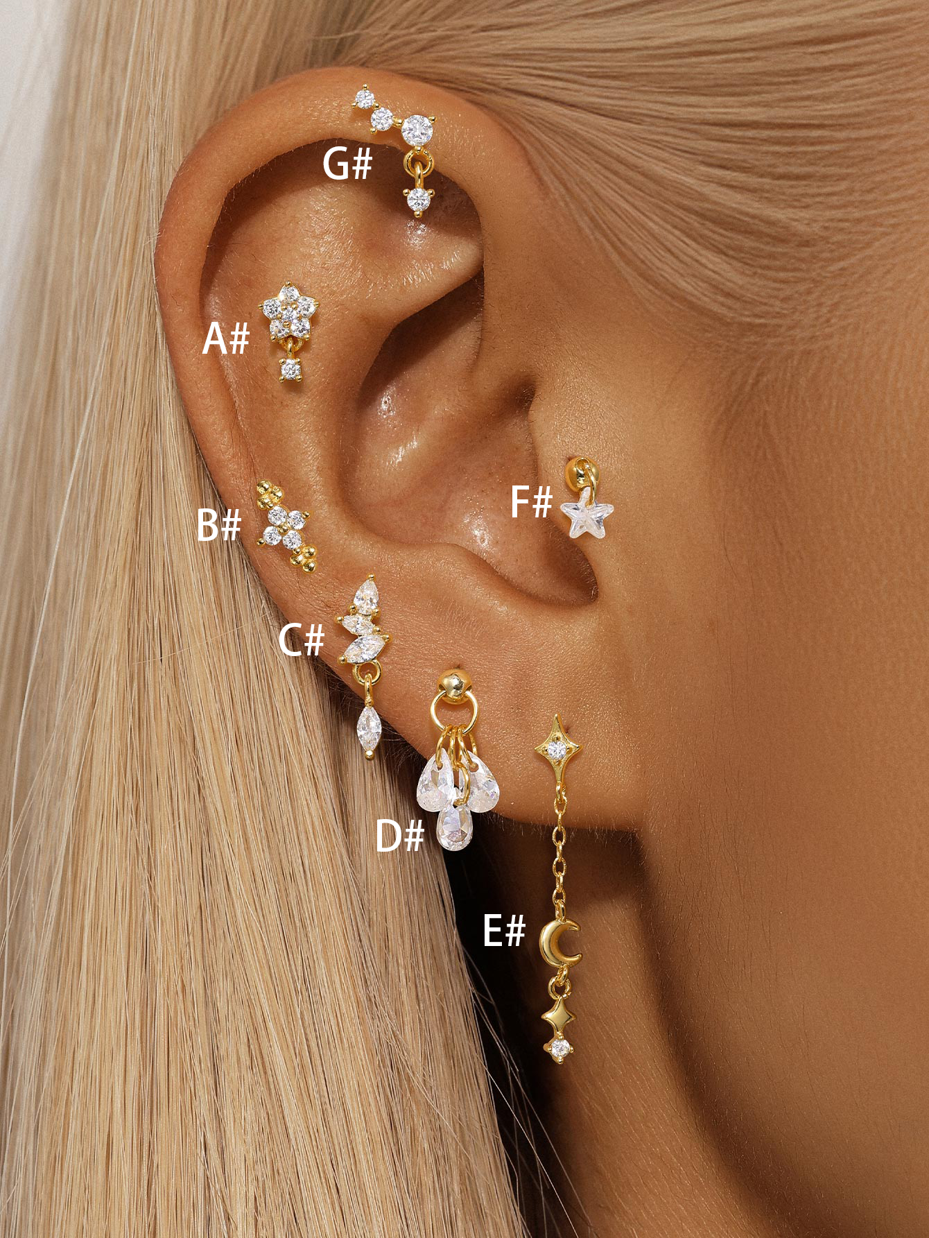 Waterproof Flower and Star Moon Stud Earrings with Cubic Zirconia - Zephora
