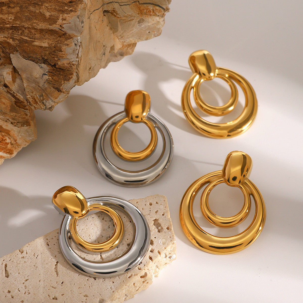 Double-layer Hollow Design Earrings in 925 Sterling Silver with 18kt Gold Plating - Ursula