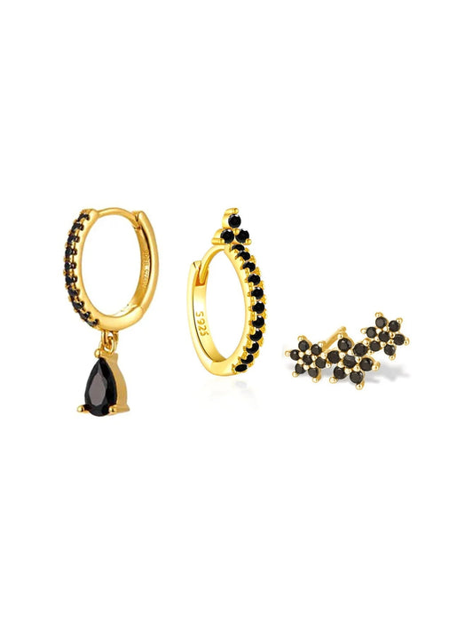 Elegant Flower Stud Earrings with Shiny Obsidian and  Cubic Zirconia - Hopkins