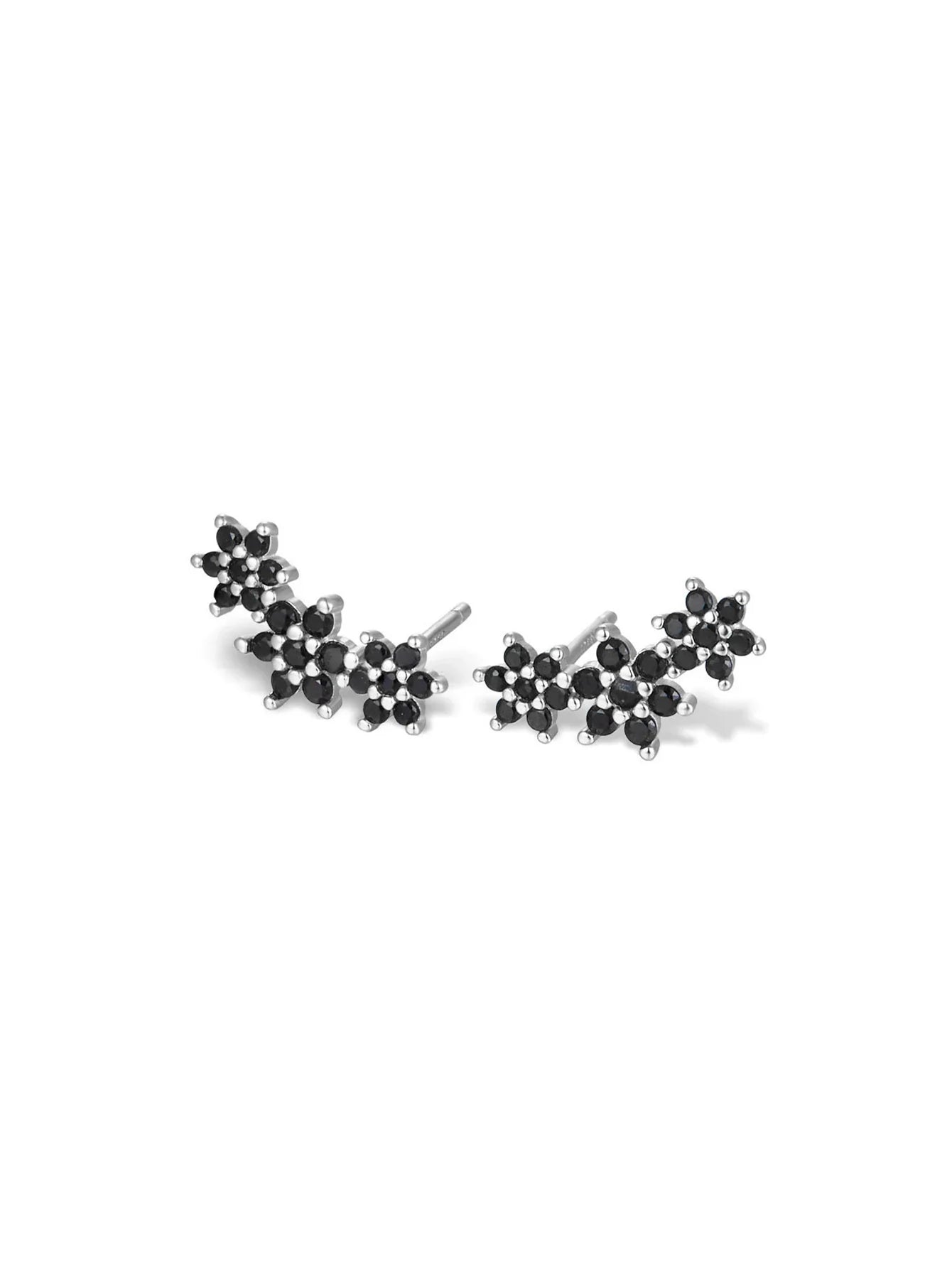 Elegant Flower Stud Earrings with Shiny Obsidian and  Cubic Zirconia - Hopkins