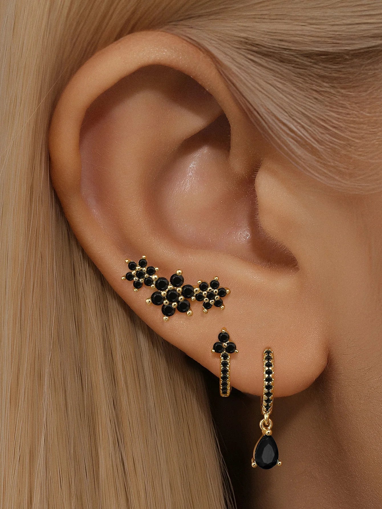 Elegant Flower Stud Earrings with Shiny Obsidian and  Cubic Zirconia - Hopkins