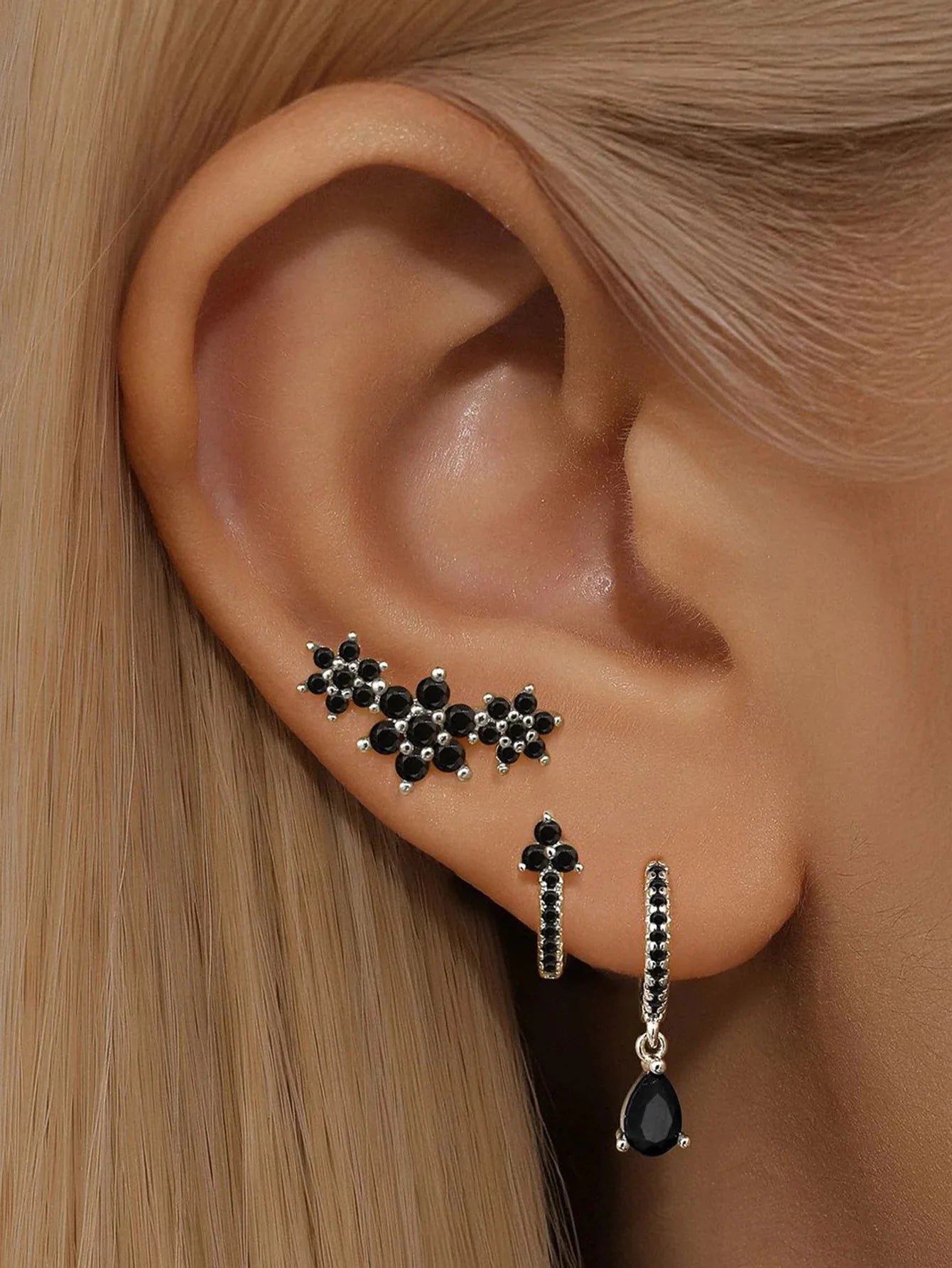 Elegant Flower Stud Earrings with Shiny Obsidian and  Cubic Zirconia - Hopkins