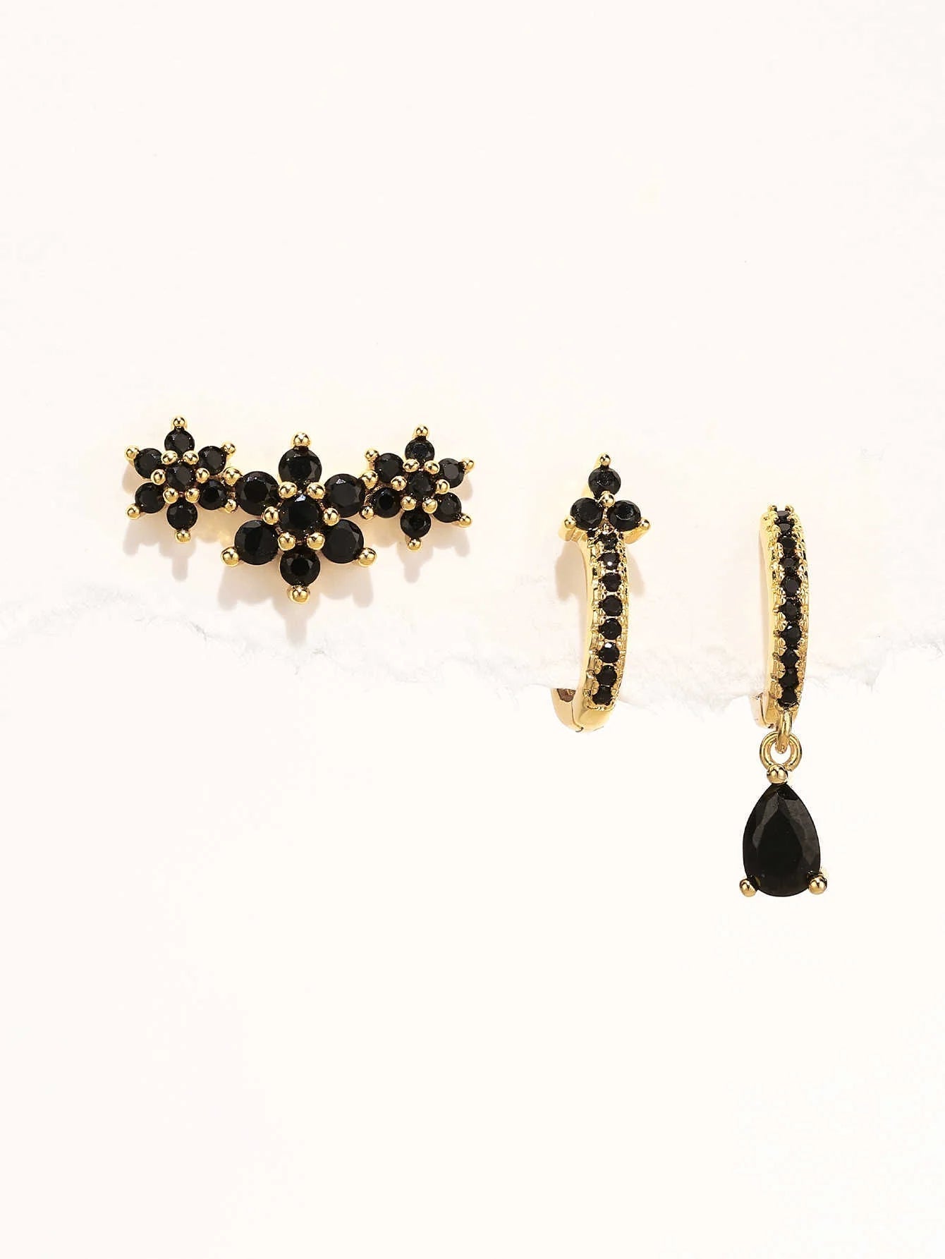 Elegant Flower Stud Earrings with Shiny Obsidian and  Cubic Zirconia - Hopkins