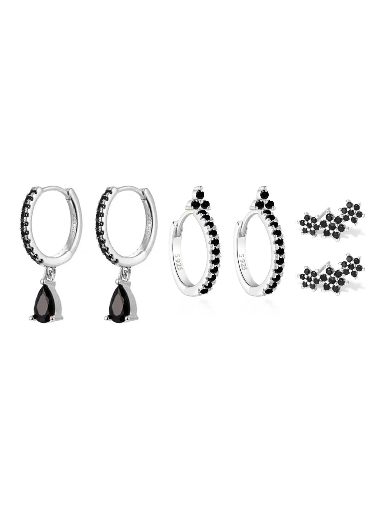 Elegant Flower Stud Earrings with Shiny Obsidian and  Cubic Zirconia - Hopkins