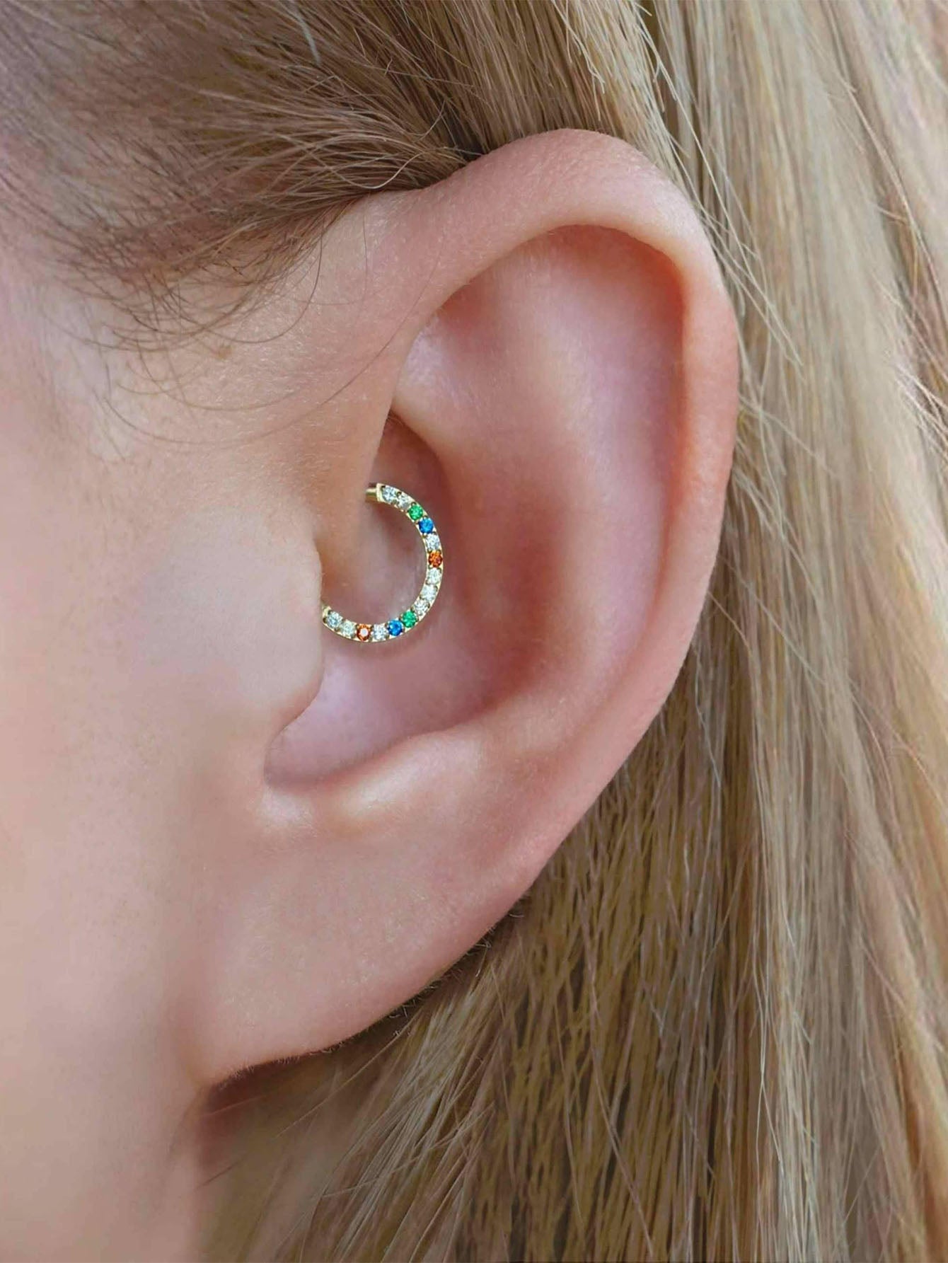 Rainbow Clicker Hoop with CZ for Daith and Septum Piercings - Everdon