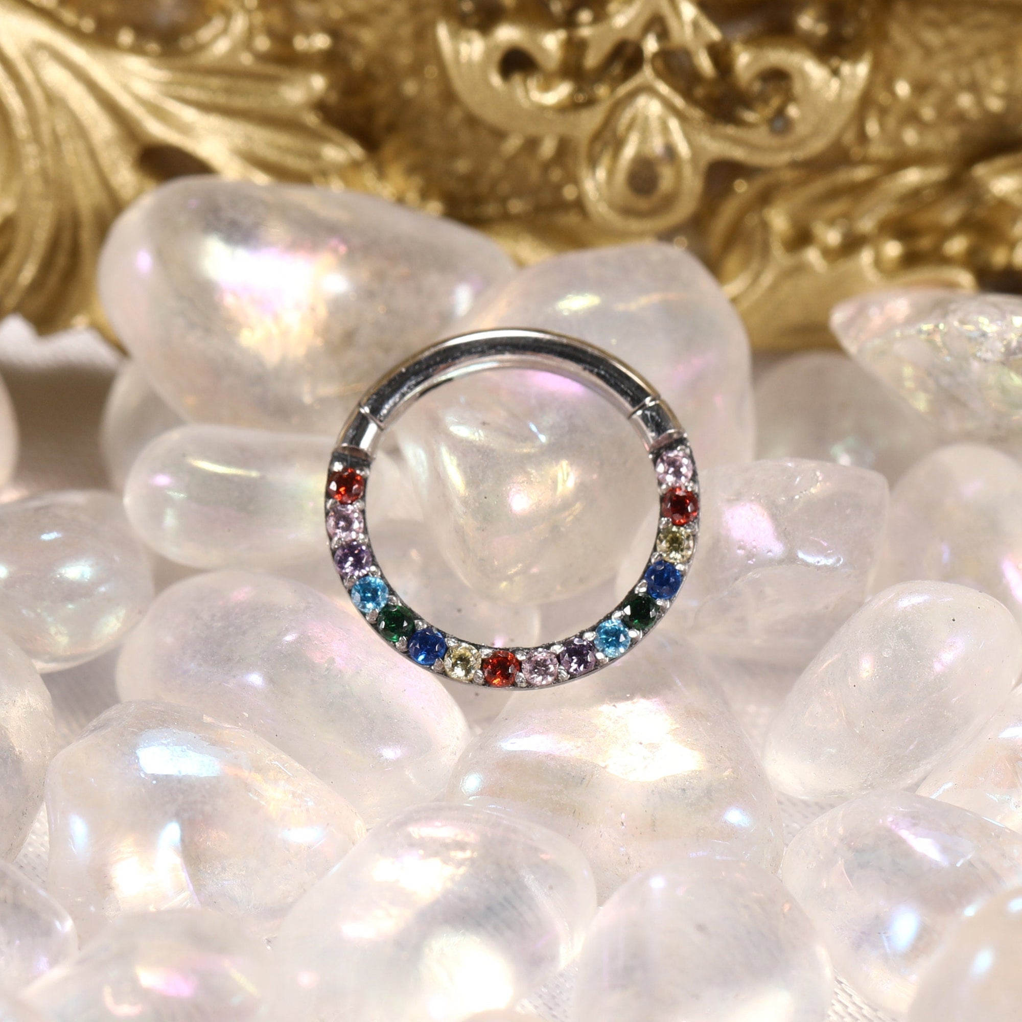 Rainbow Clicker Hoop with CZ for Daith and Septum Piercings - Everdon