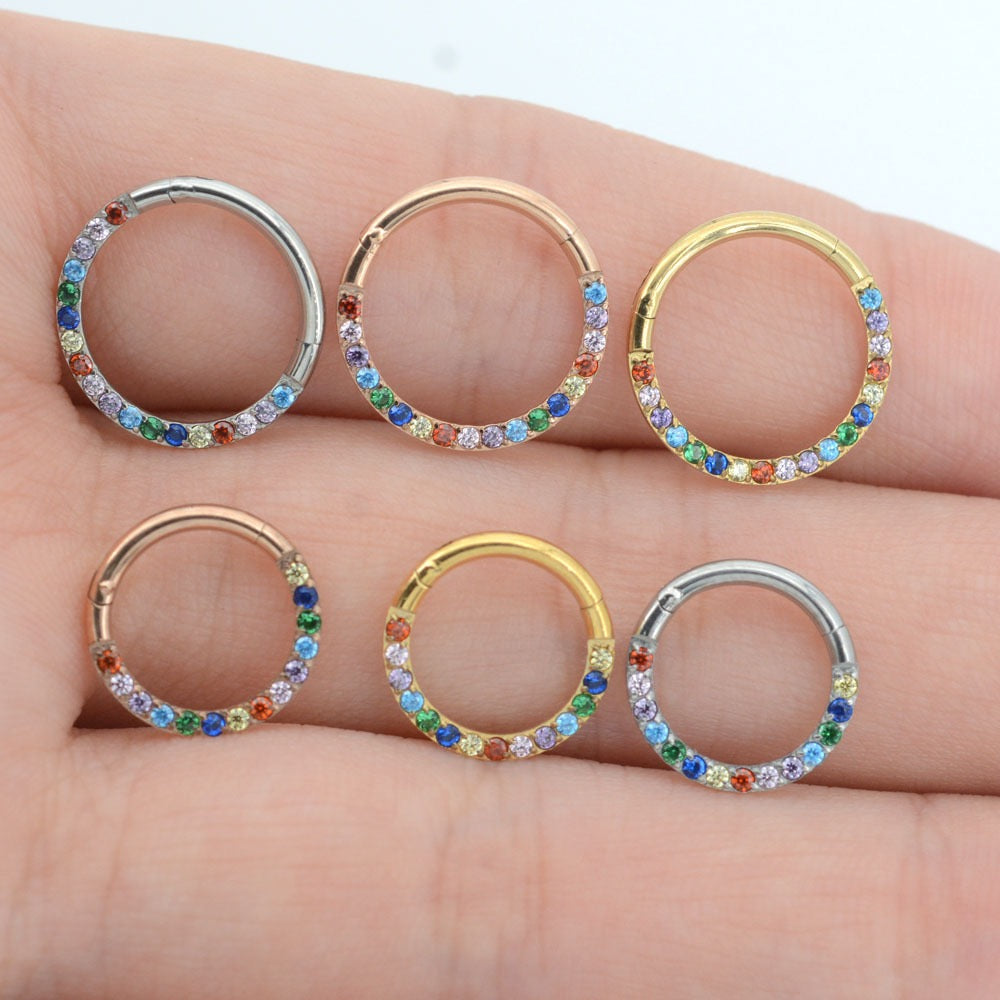 Rainbow Clicker Hoop with CZ for Daith and Septum Piercings - Everdon
